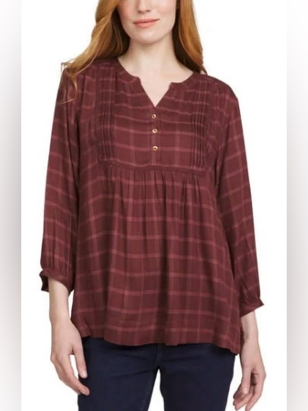 Wrangler Women's Size 3/4 Sleeve Plaid Blouse, burgundy